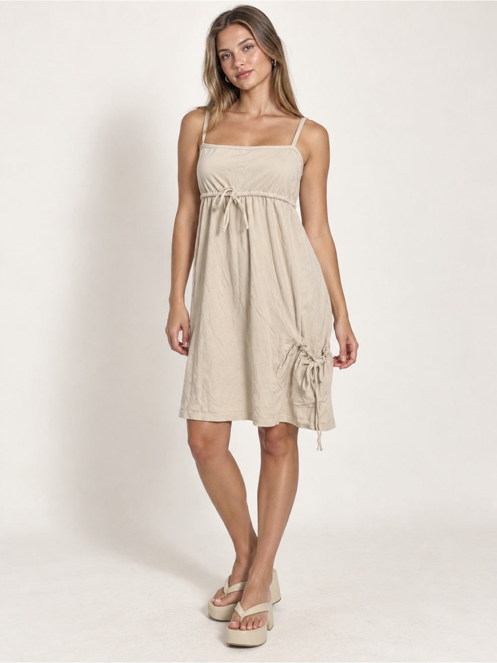 Vintage Juicy Couture Y2K Beige Drawstring Babydoll Dress L